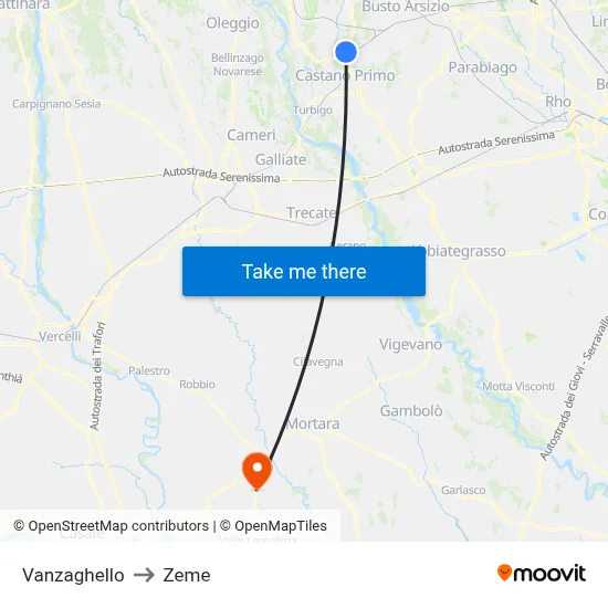 Vanzaghello to Zeme map