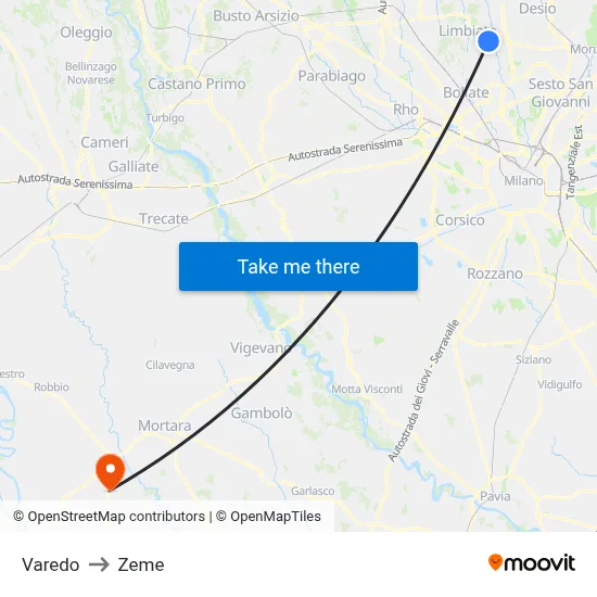 Varedo to Zeme map