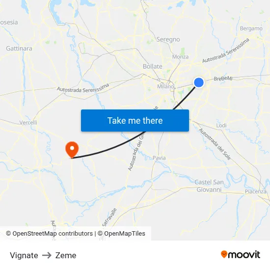 Vignate to Zeme map