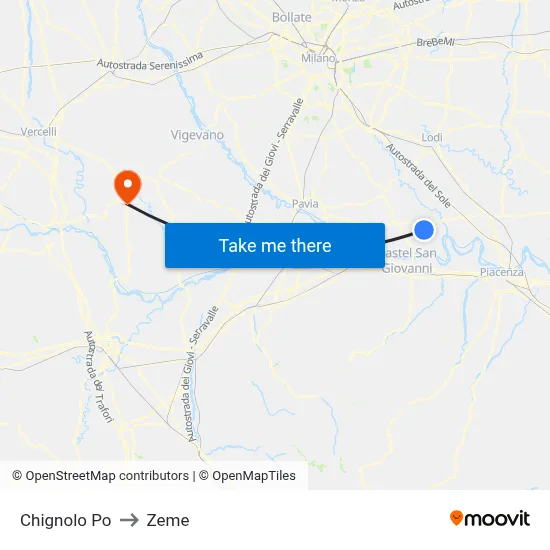 Chignolo Po to Zeme map