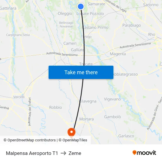 Malpensa Airport T1 to Zeme map