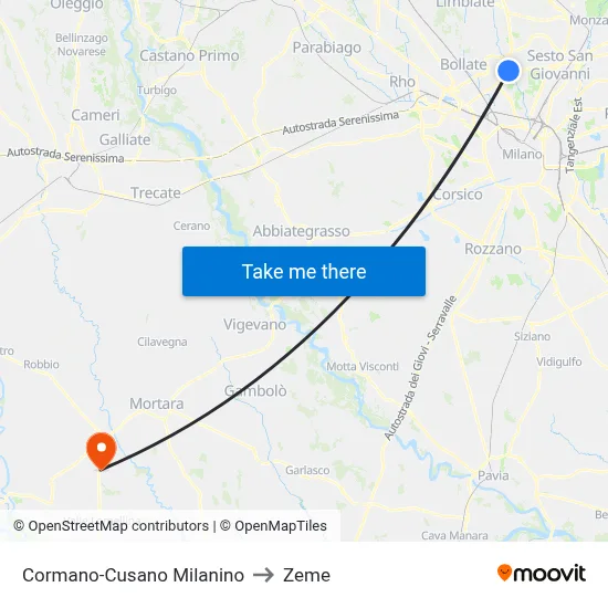 Cormano-Cusano Milanino to Zeme map