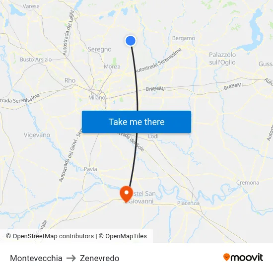 Montevecchia to Zenevredo map