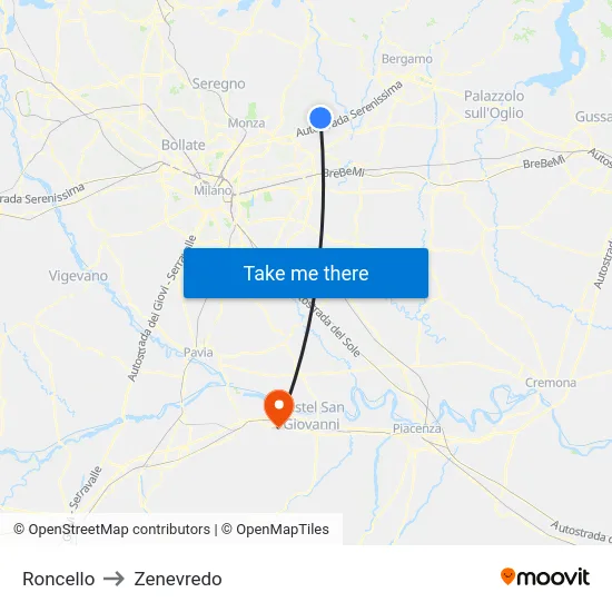 Roncello to Zenevredo map