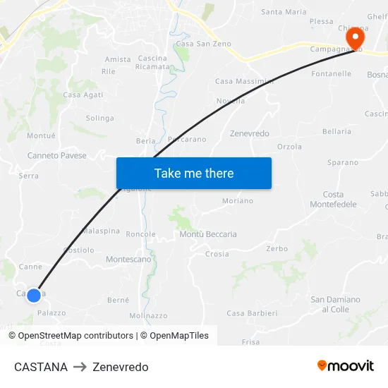 Castana to Zenevredo map