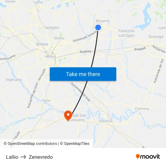 Lallio to Zenevredo map