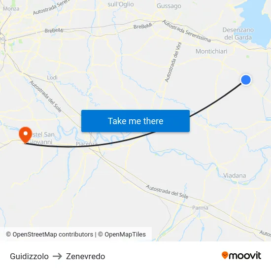 Guidizzolo to Zenevredo map