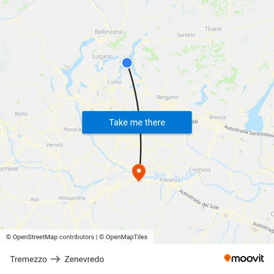 Tremezzo to Zenevredo map