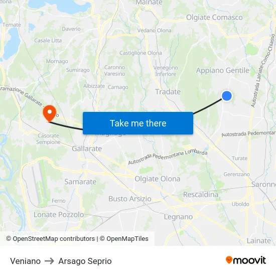 Veniano to Arsago Seprio map