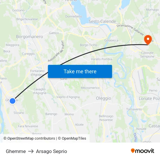 Ghemme to Arsago Seprio map