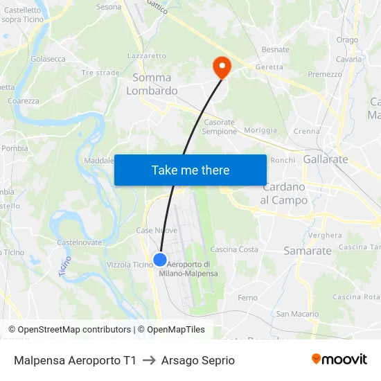 Malpensa Aeroporto T1 to Arsago Seprio map