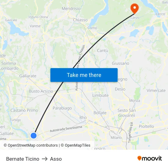 Bernate Ticino to Asso map