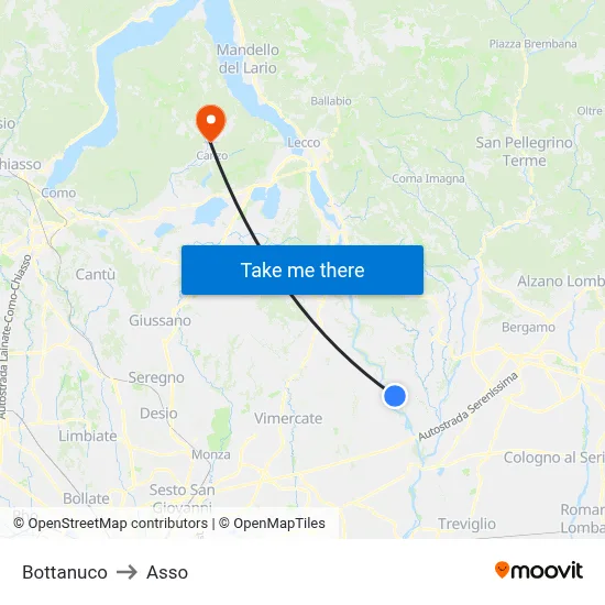 Bottanuco to Asso map