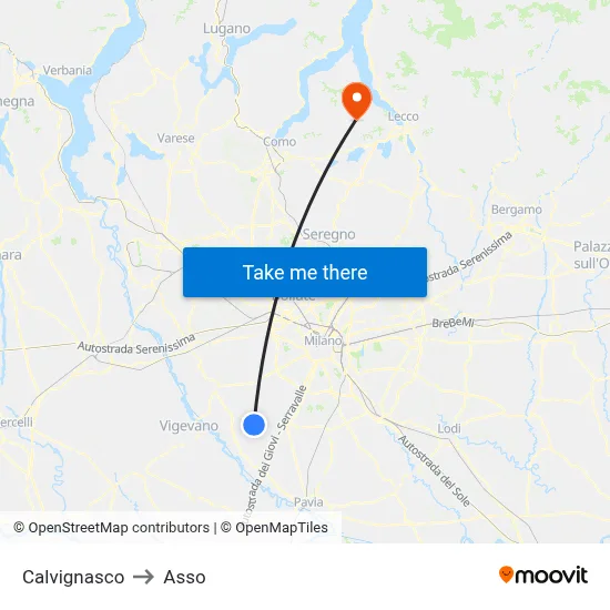 Calvignasco to Asso map