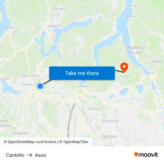 Cantello to Asso map