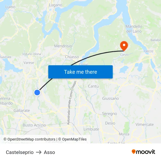 Castelseprio to Asso map