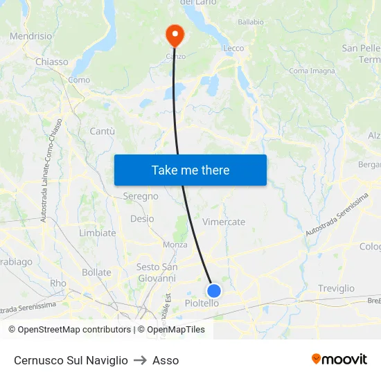 Cernusco Sul Naviglio to Asso map