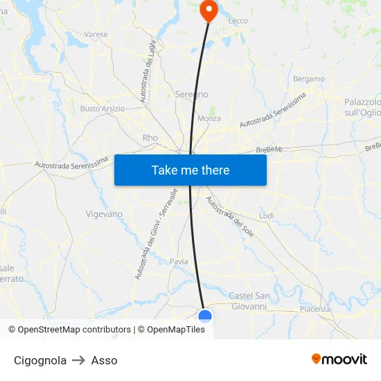 Cigognola to Asso map