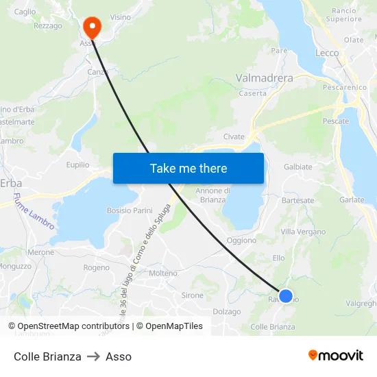 Colle Brianza to Asso map