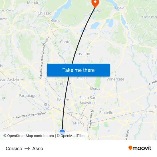 Corsico to Asso map
