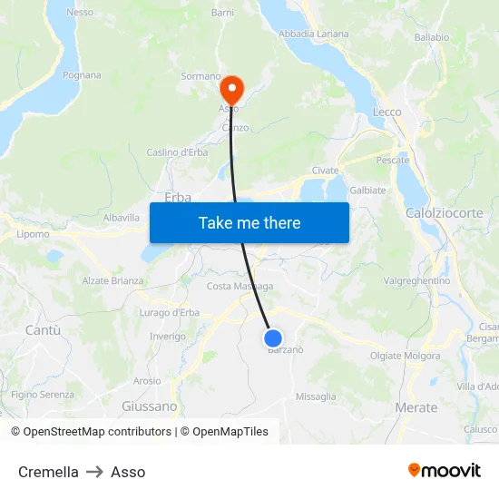 Cremella to Asso map