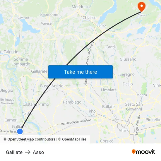 Galliate to Asso map