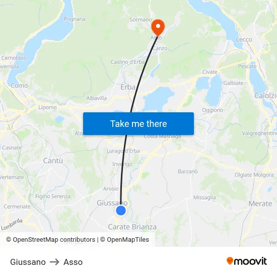 Giussano to Asso map