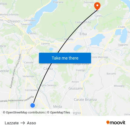 Lazzate to Asso map