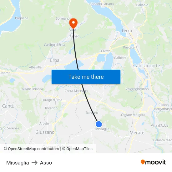 Missaglia to Asso map