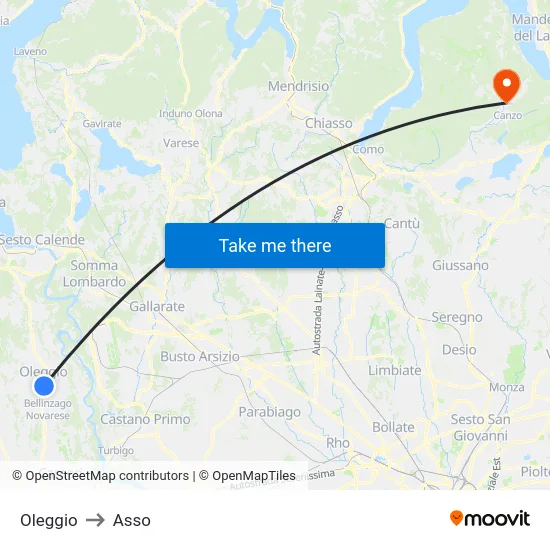 Oleggio to Asso map