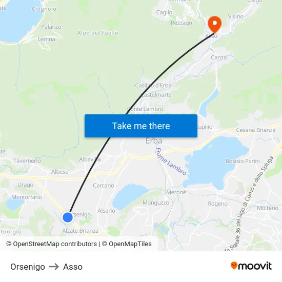 Orsenigo to Asso map