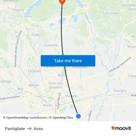 Pantigliate to Asso map