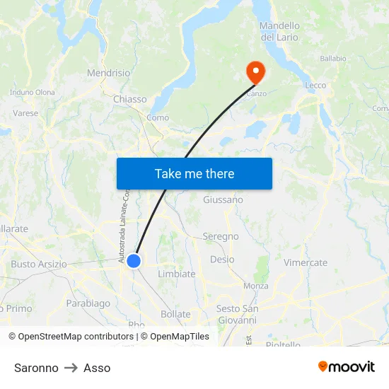 Saronno to Asso map