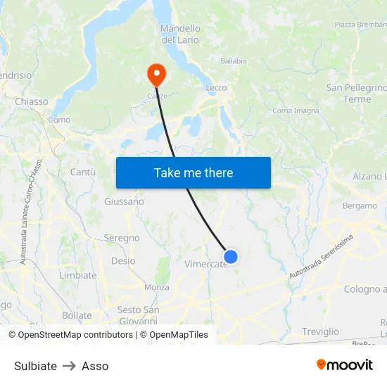 Sulbiate to Asso map