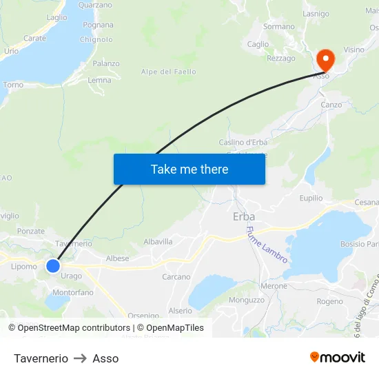 Tavernerio to Asso map