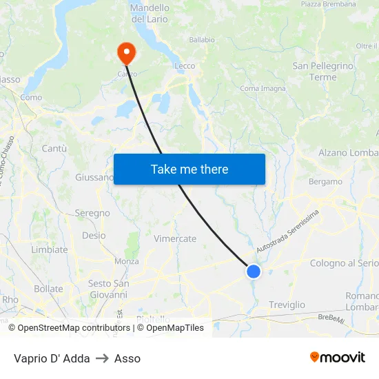 Vaprio d'Adda to Asso map