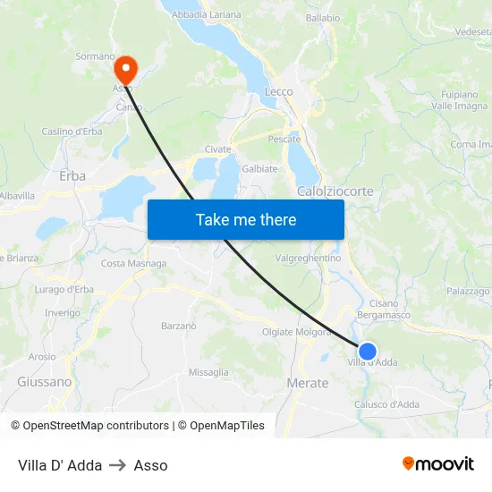 Villa D' Adda to Asso map