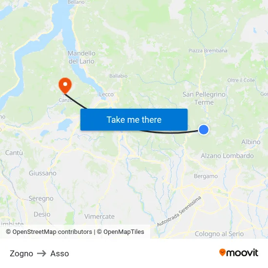 Zogno to Asso map