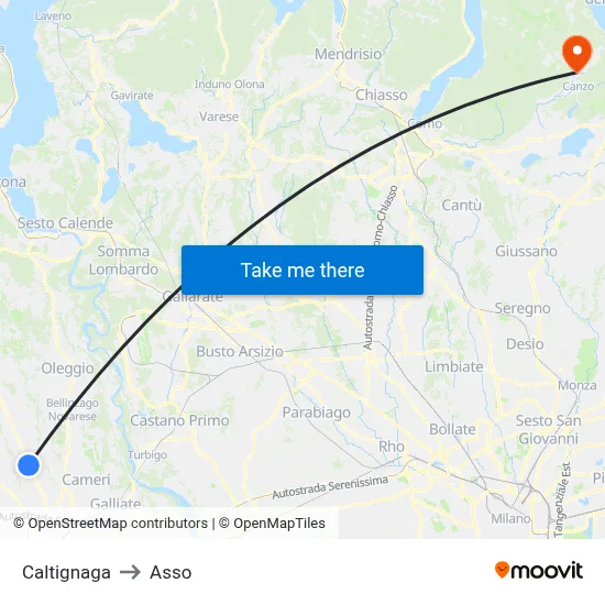 Caltignaga to Asso map