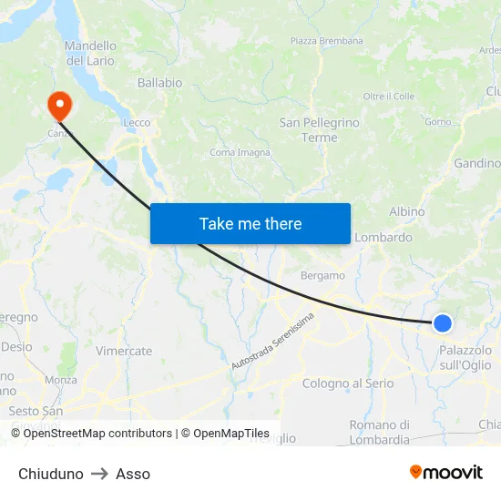 Chiuduno to Asso map