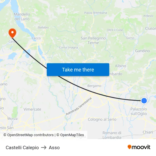 Castelli Calepio to Asso map
