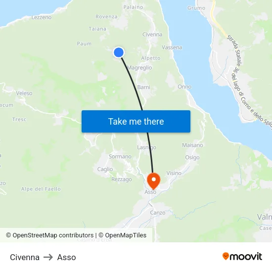 Civenna to Asso map