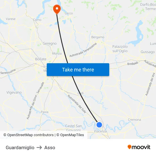 Guardamiglio to Asso map