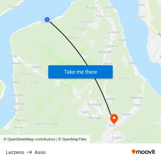 Lezzeno to Asso map