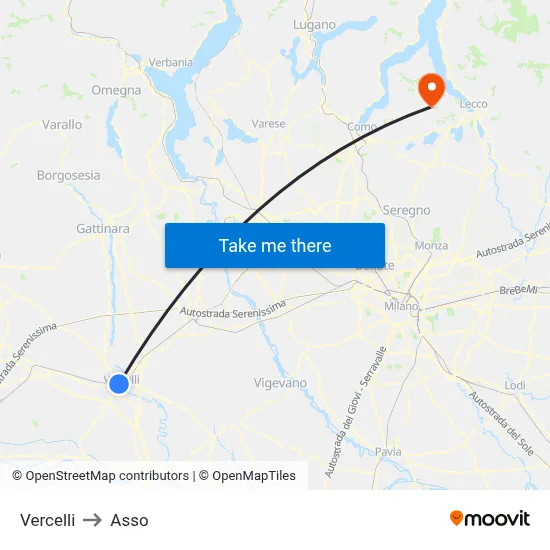 Vercelli to Asso map