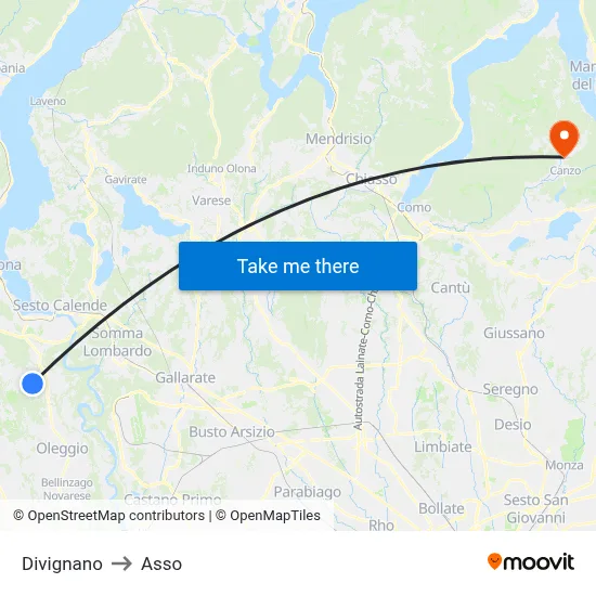 Divignano to Asso map