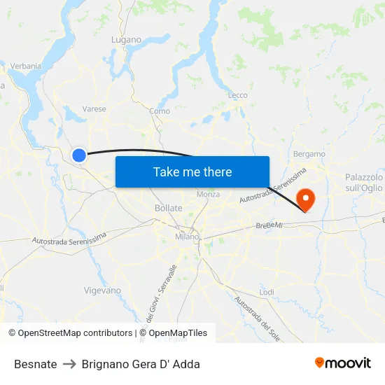 Besnate to Brignano Gera D' Adda map