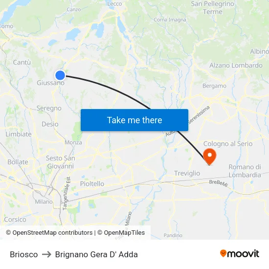 Briosco to Brignano Gera D' Adda map