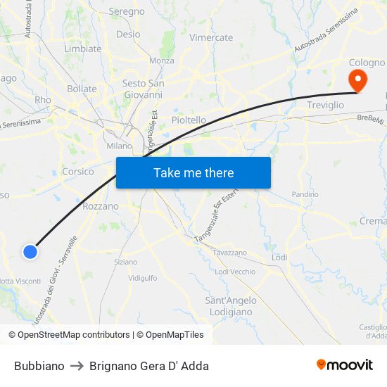 Bubbiano to Brignano Gera D' Adda map