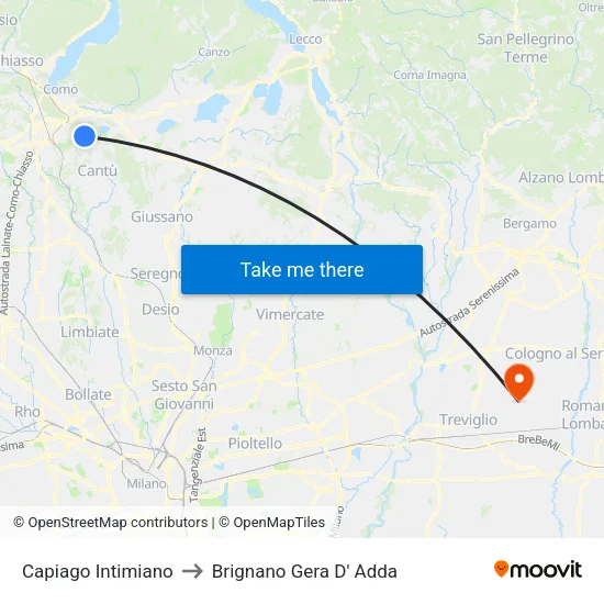 Capiago Intimiano to Brignano Gera d'Adda map